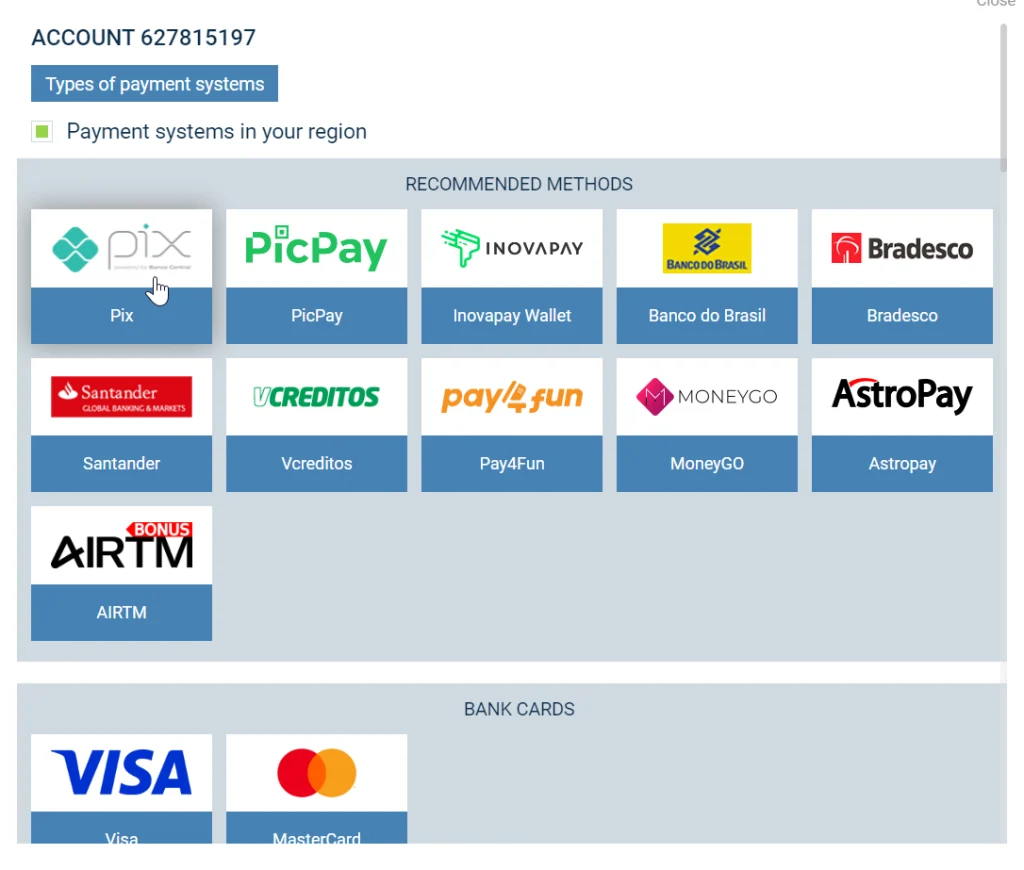 Types of amount at 1xbet