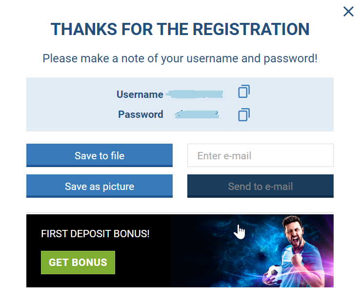 Complete registration window at 1xbet