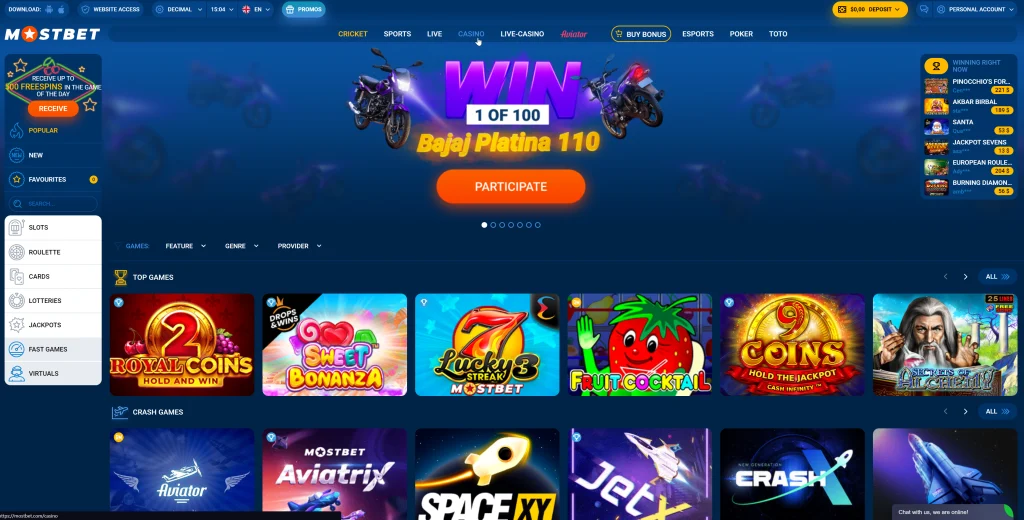 Mostbet games menu