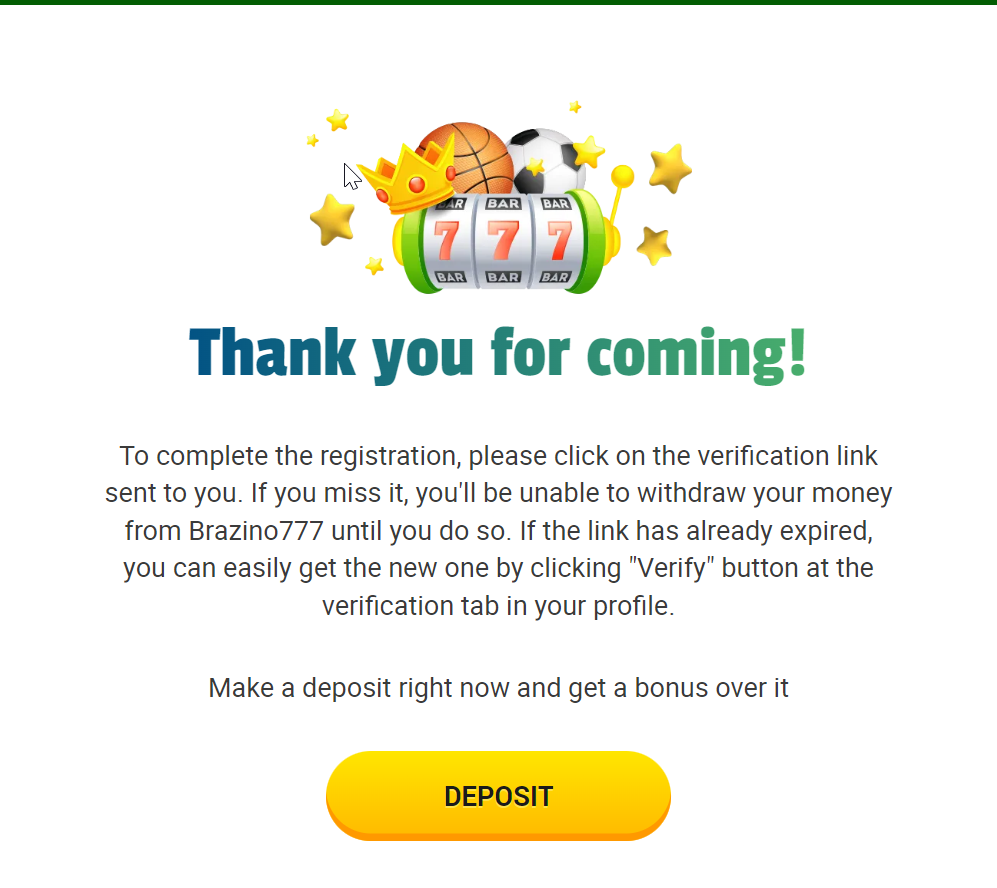 successful registration screen at brazzino 777